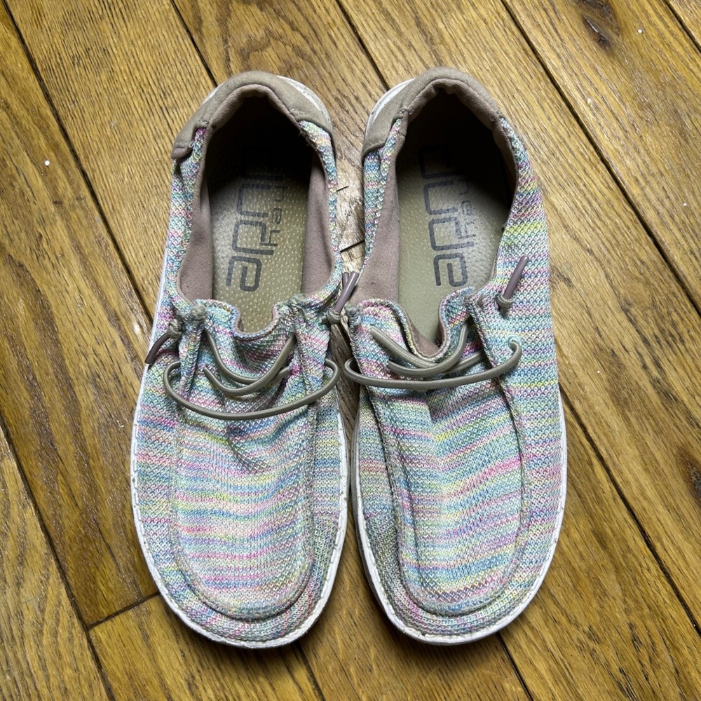 Hey Dude Wendy Sox Aurora White Rainbow Knit Slip On Loafers Womens Size 7